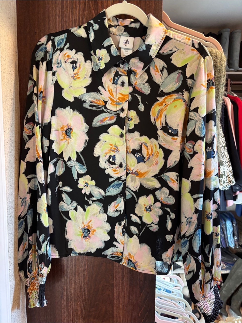 CAbi Black Floral Button-Down Blouse with Pastel Blooms